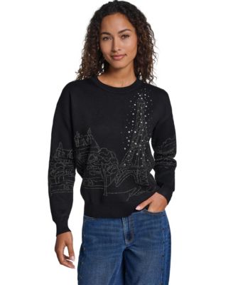 Women's Paris Scene Embellished Fitted Crewneck Sweater