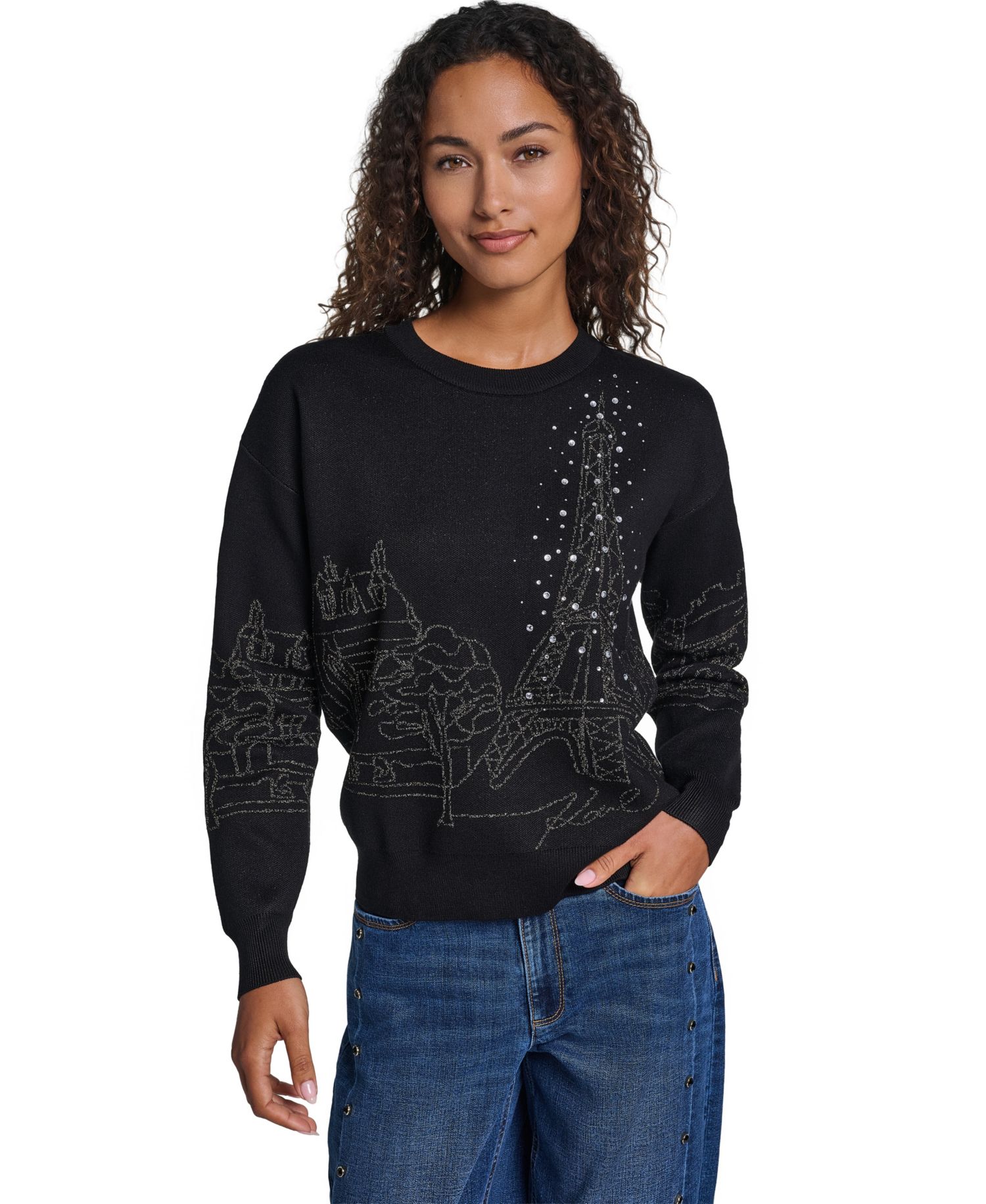 Women's Paris Scene Embellished Fitted Crewneck Sweater