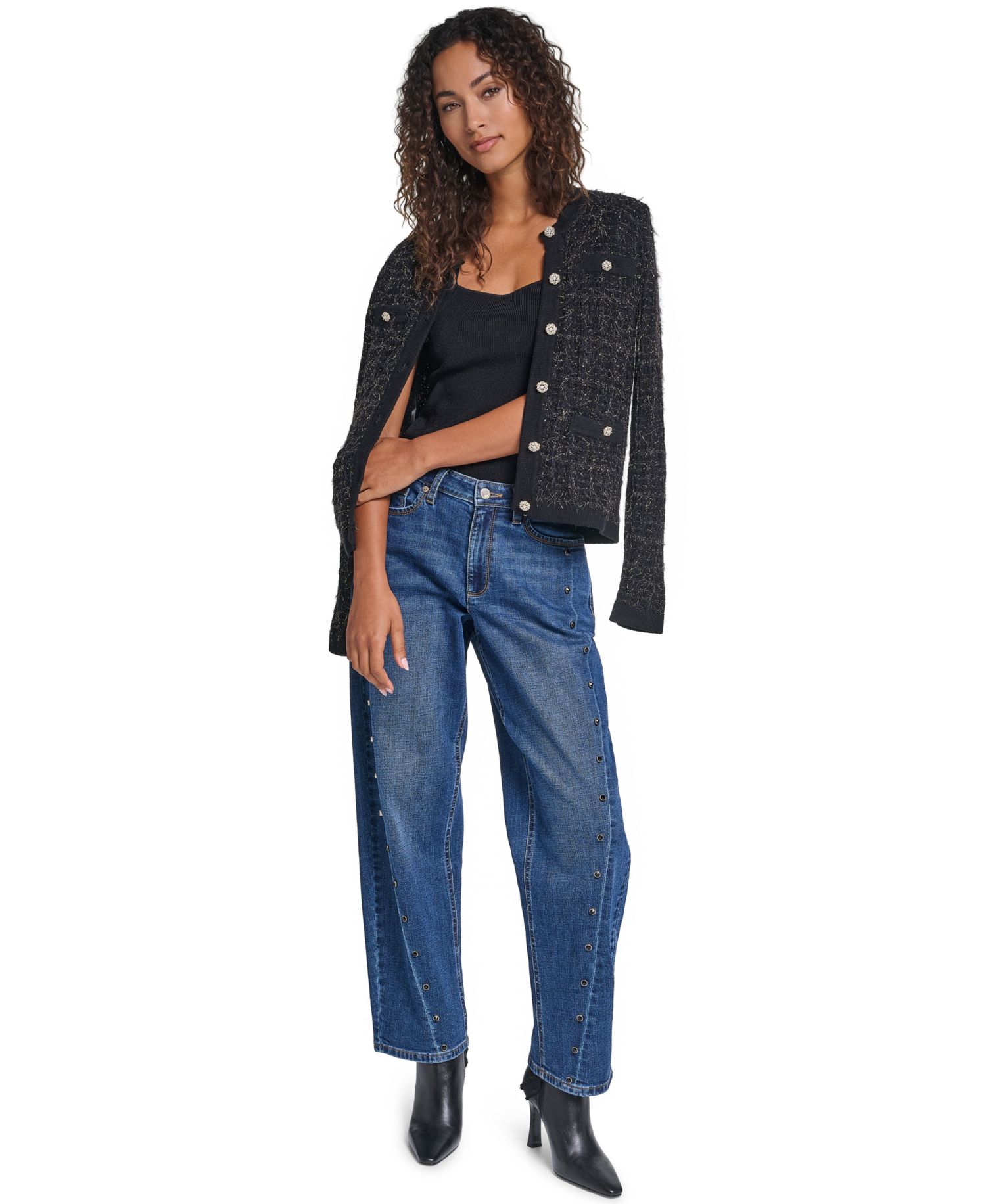 Women's Eyelash-Knit Metallic Crewneck Long-Sleeve Cardigan Sweater