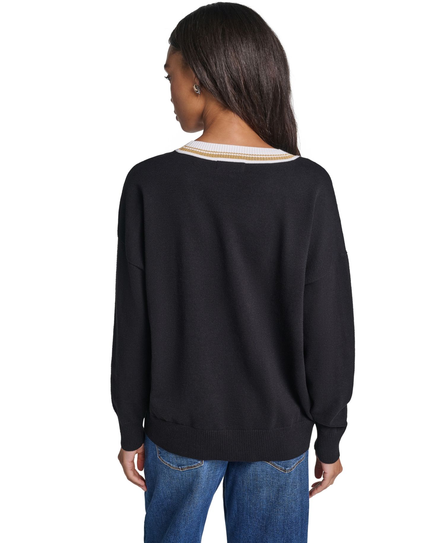 Women's Karl Patches Long-Sleeve Graphic-Patch V-Neck Sweater