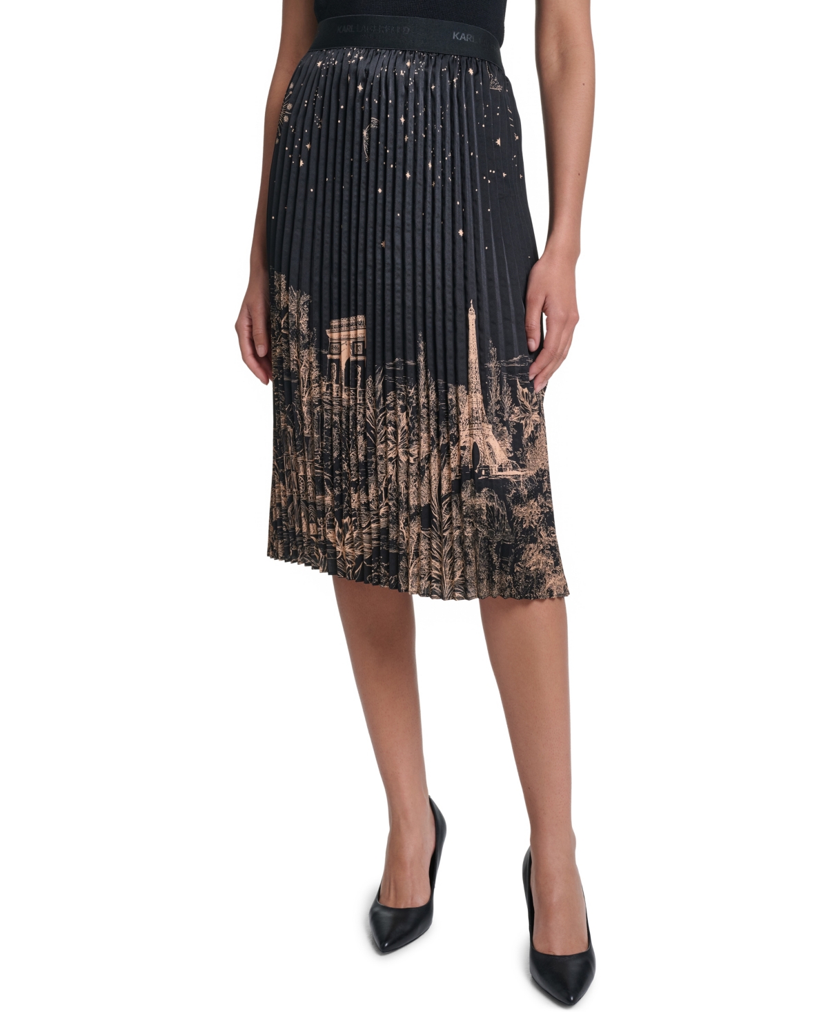 Karl Lagerfeld Paris Women's Pleated High-Waisted Midi Skirt - Black Gold