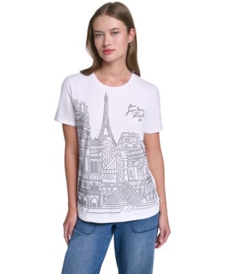 Women's Sparkle Paris Scene Crewneck Short-Sleeve T-Shirt