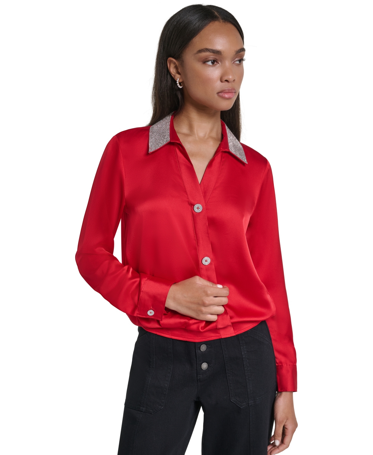 Karl Lagerfeld Paris Women's Crystal Collar Satin Blouse