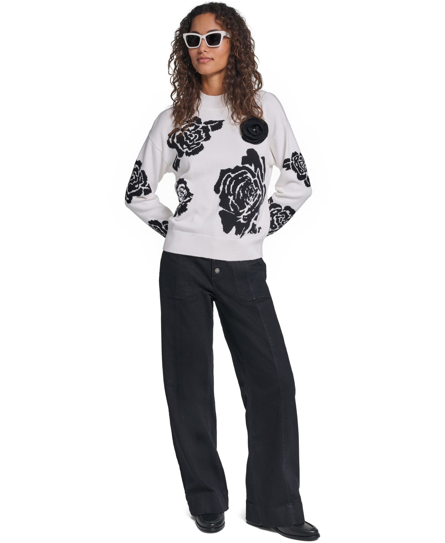 Women's Mock-Neck Long-Sleeve Floral Sweater