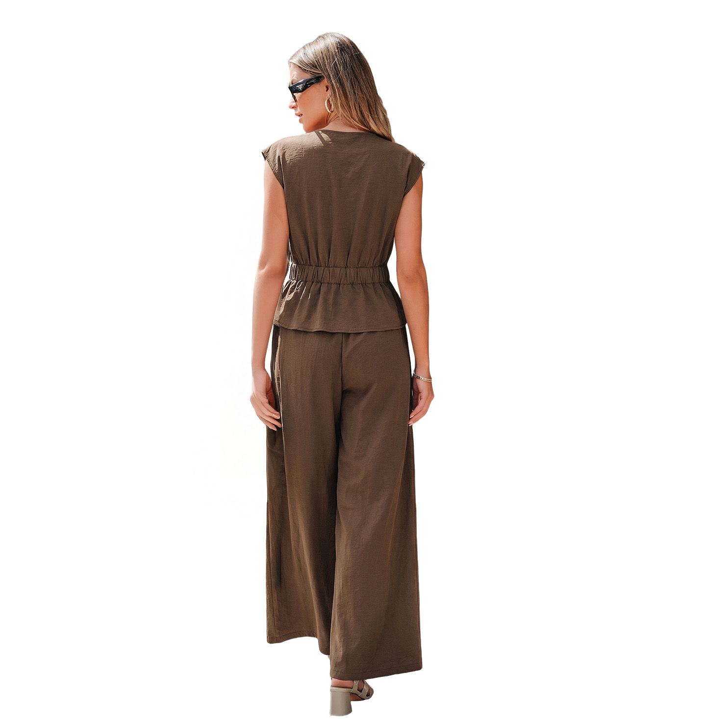 Cupshe Women's Wrap V-Neck Sleeveless Top and Wide-Leg Pants Matching Set, цвет: Коричневый — фото 5