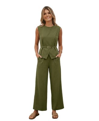 Women's Elegant Crew Neck Belted Top and Wide Leg Pants Two-Piece Set