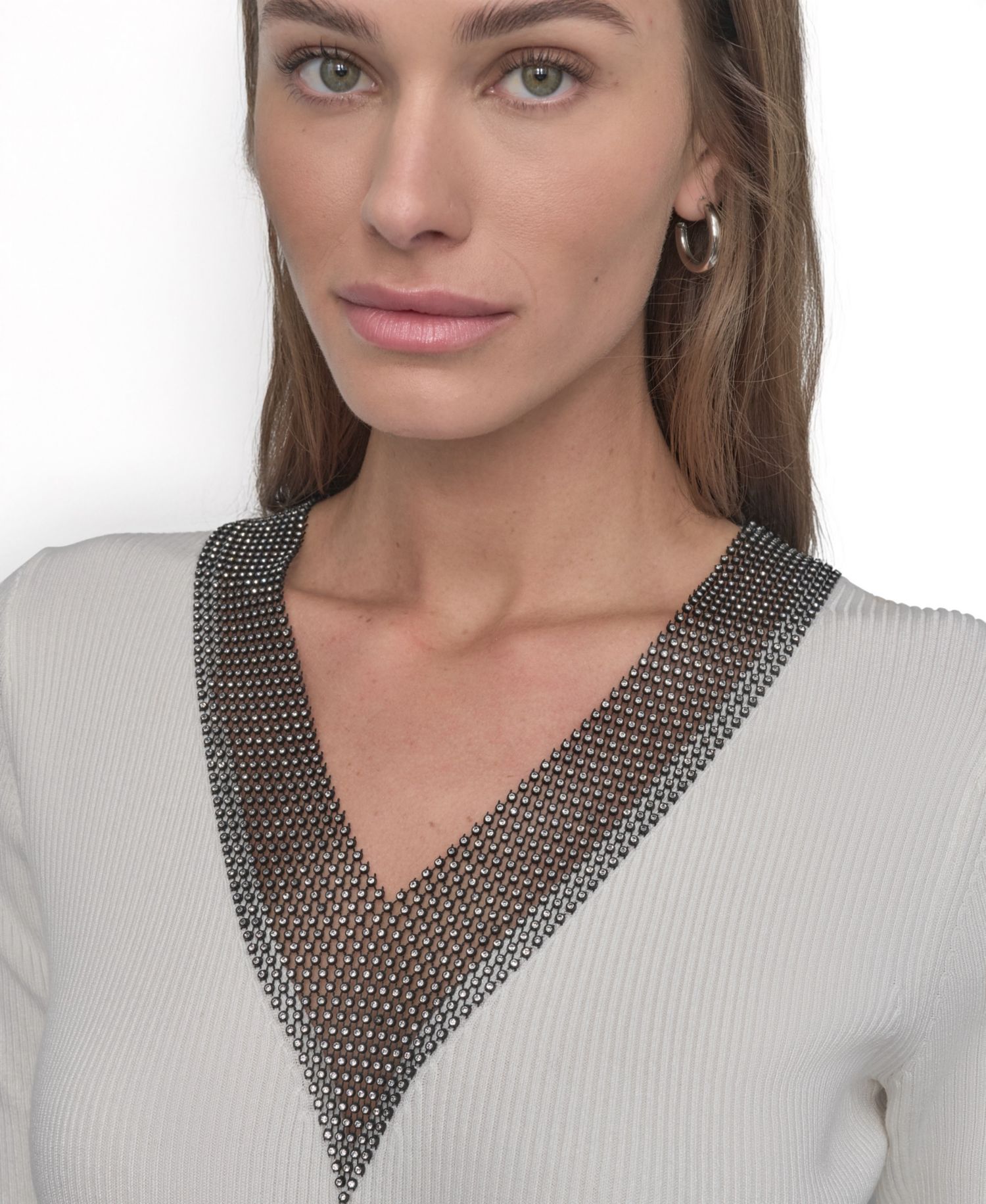 Women's Crystal V-Neck Cable-Knit Embellished Pullover Sweater
