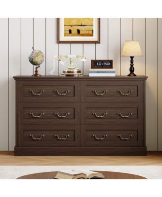 6 Drawer Wide Dresser Chest, Vintage Metal Pull Handles, Large Storage Cabinet For Bedroom, Entryway, Living Room and Hallway