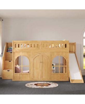 Wooden Full Loft Bed with Slide, Storage Stairs and Wardrobe