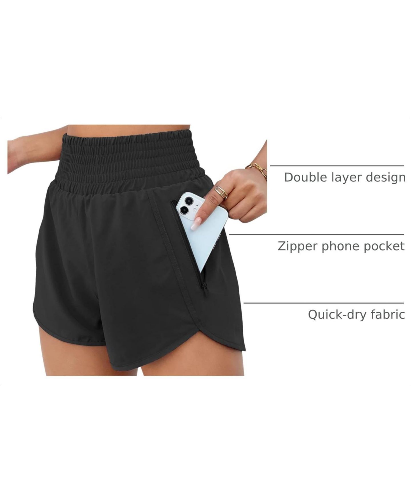 Женские шорты Furlihong Women High Waisted Athletic Shorts Quick Dry Zipper Pocket Double Layer, цвет: Чёрный средний — фото 4