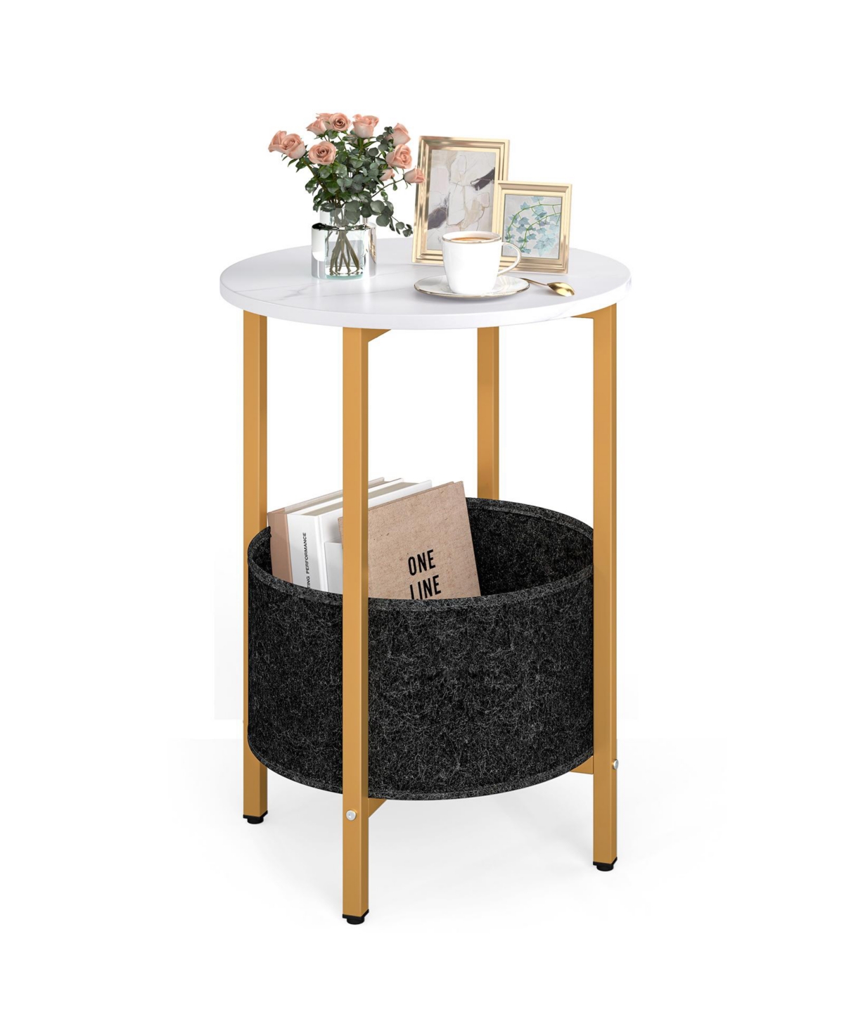 Mecale Round End Table 2 Tier Side Table with Removable Fabric Basket and Metal Frame