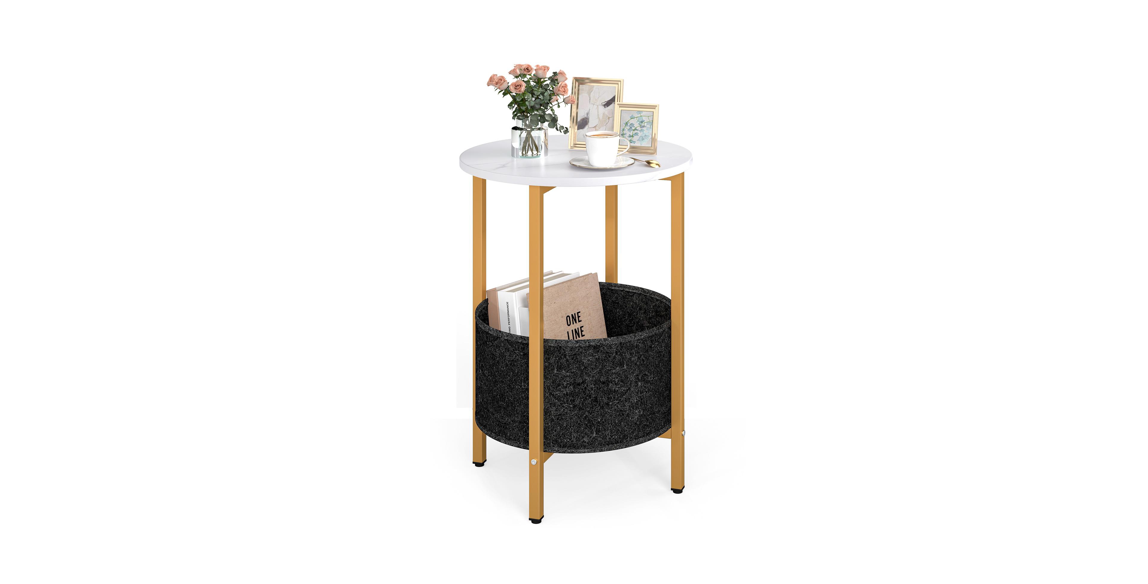 Mecale Round End Table 2 Tier Side Table with Removable Fabric Basket and Metal Frame