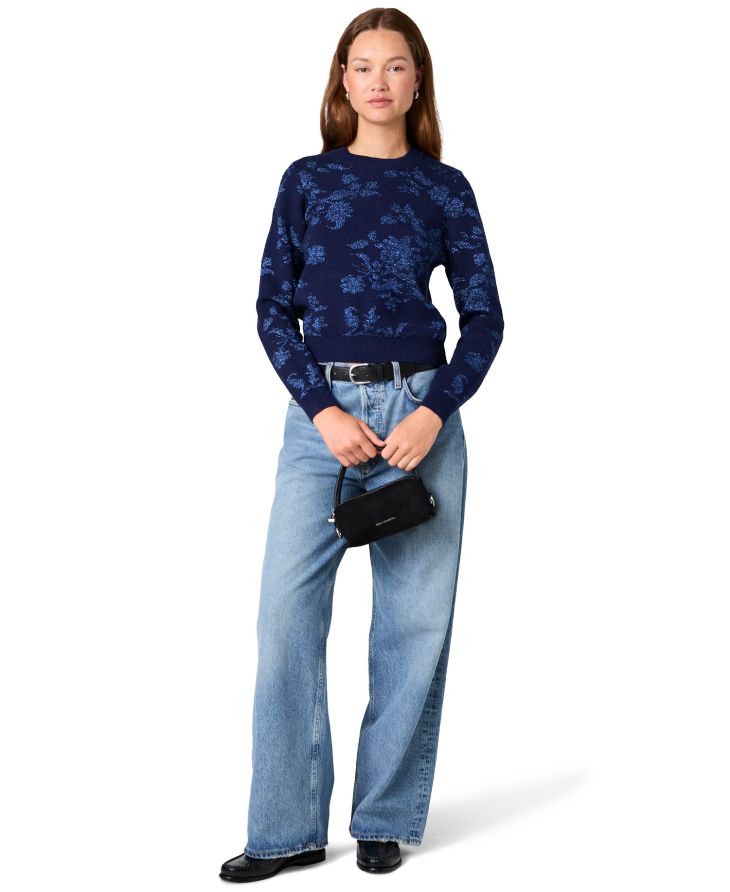 Women's Rory Fleur Long-Sleeve Floral-Print Metallic Pullover