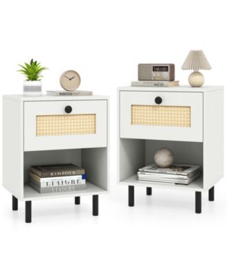 Rattan Nightstand Boho End Table with Rattan Drawer and Open Shelf Set of 2