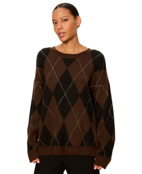 Женский свитер Sanctuary Argyle Crew Long-Sleeve Pullover, цвет: Тёмно-коричневый с ромбами