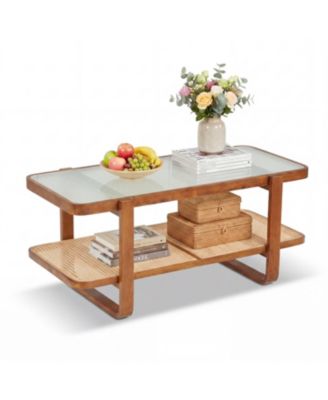 Rattan Coffee Table with Tempered Glass Top and Storage Shelf