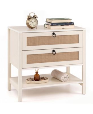 Boho Rattan Nightstand with 2 Drawers and Bottom Open Shelf