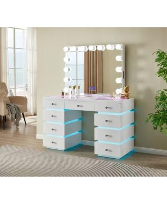  LED Vanity Desk with Lighted Mirror  RGB Drawers 9 Drawer Dressing Table