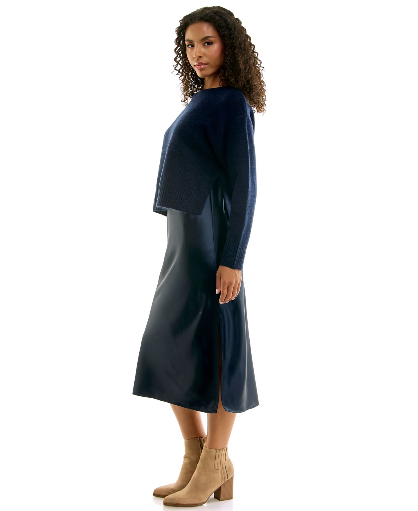 INVITEE Juniors' 2-Piece Satin Midi Slip & Pullover Sweater Set, цвет: Тёмно-синий — фото 6