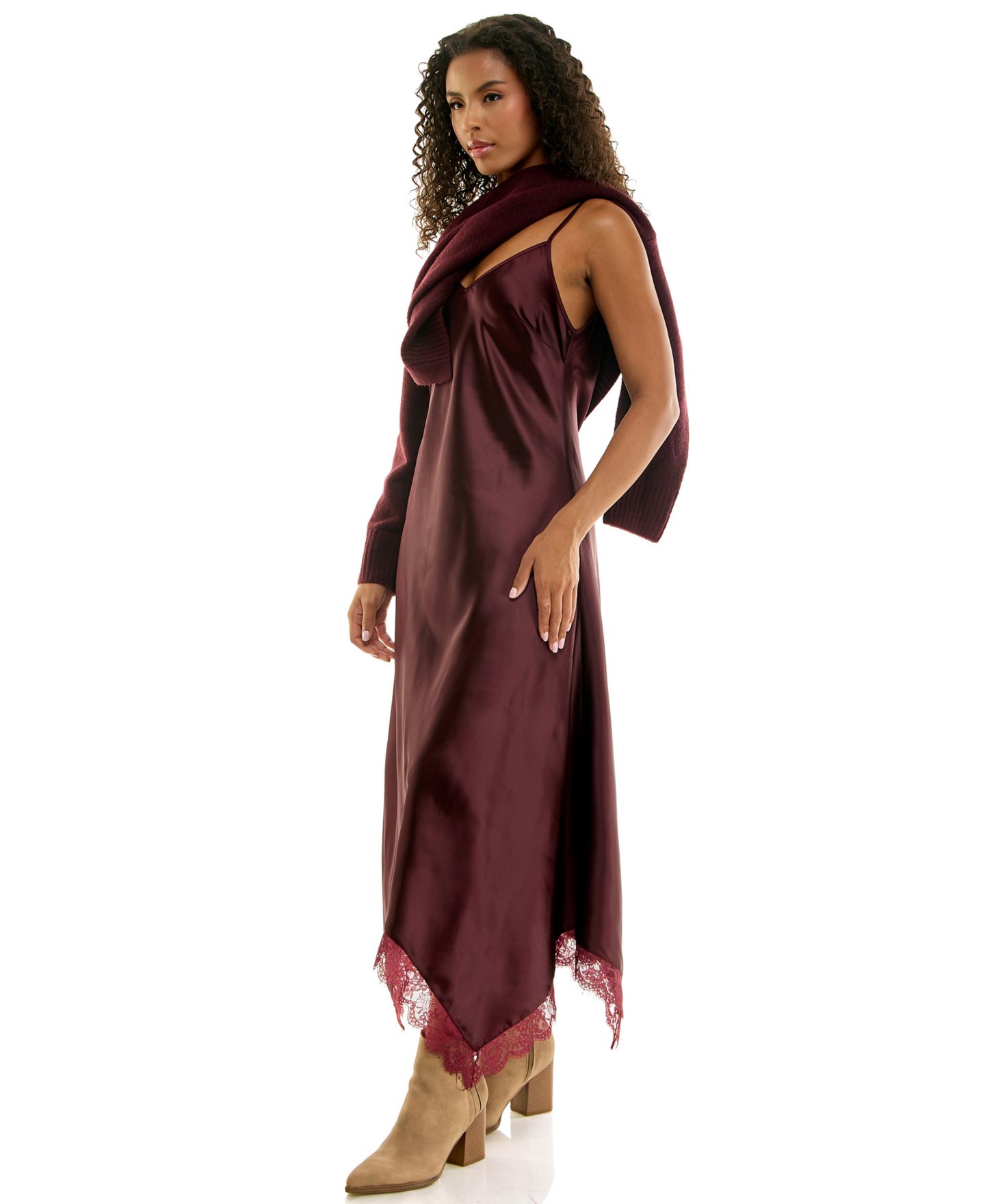 INVITEE Juniors' Crewneck Lace-Trim Long-Sleeve Sweater and Satin Maxi Slip Dress, 2-Piece Set, цвет: Винный — фото 2
