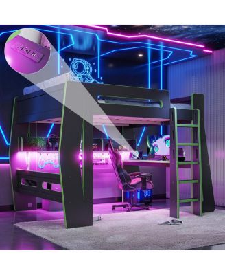 Full Size Gaming Loft Bed with Desk, LED Light, and Storage