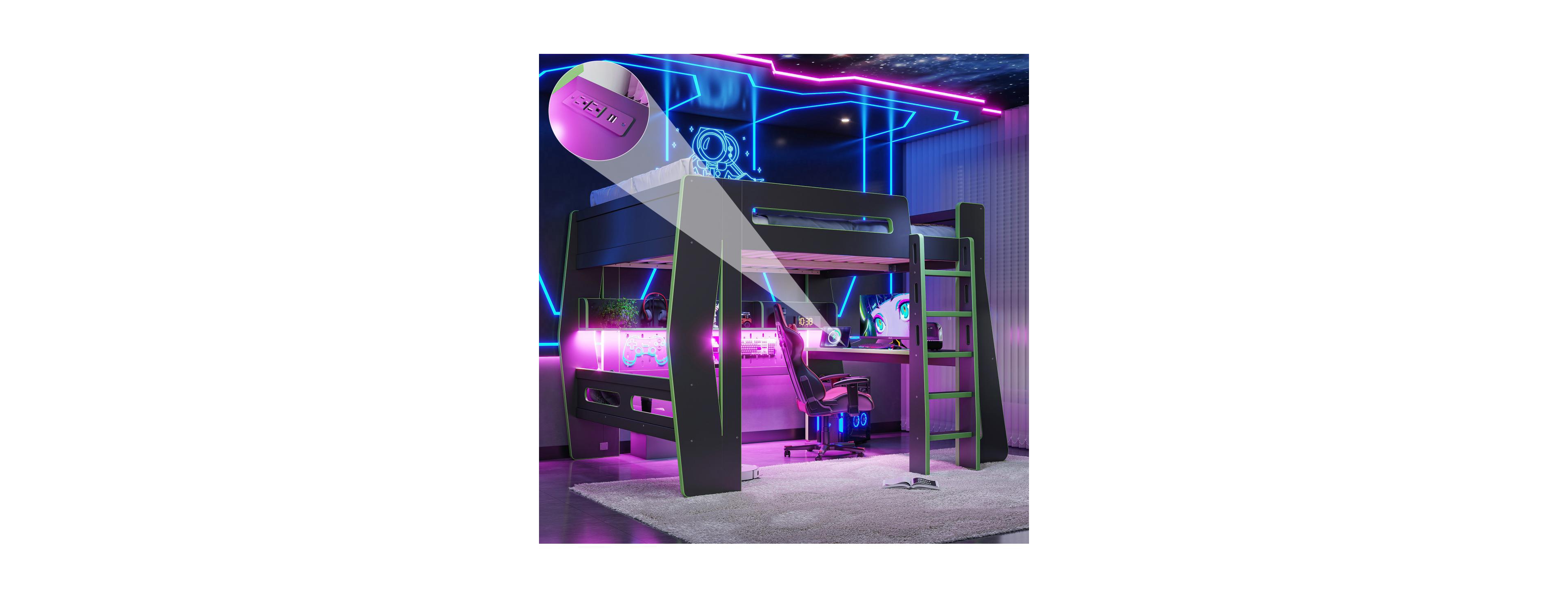 Streamdale Furniture Full Size Gaming Loft Bed with Desk, Led Light, and Storage