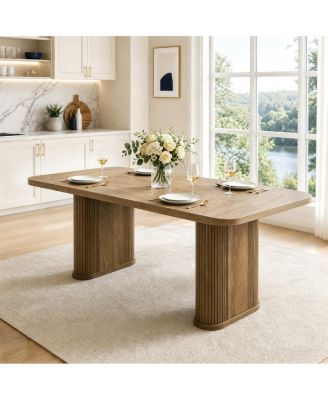  Rectangular Dining Table for 4-6 Modern Fluted Kitchen Table Dining Room Table with Double Pedestal Base