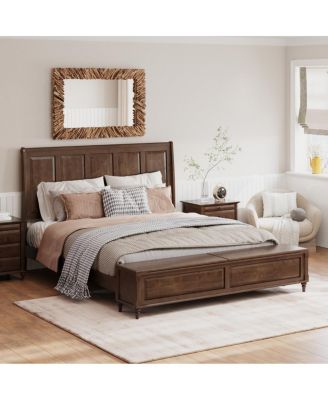 King Solid Wood Sleigh Bed with Tall Headboard and Storage Bench
