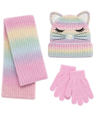 Girls' Pastel Kitty Cat-Ear Ombr&eacute; Embroidered Hat, Scarf and Gloves, 3-Piece Set
