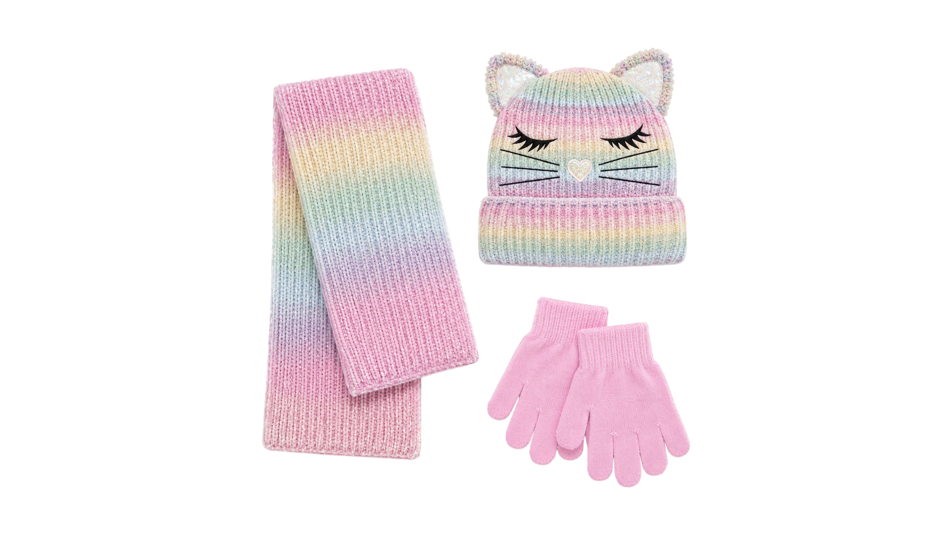 Rainbow Sugar Girls' Pastel Kitty Cat-Ear Ombre Embroidered Hat, Scarf and Gloves, 3-Piece Set