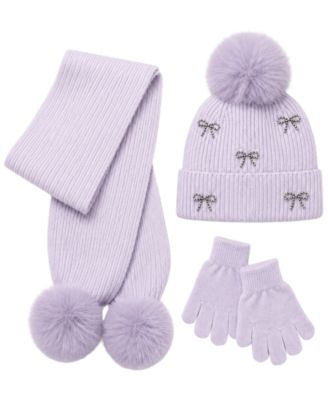 Girls' Pom-Pom Bow Cold-Weather Hat, Scarf, and Gloves, 3-Piece Set