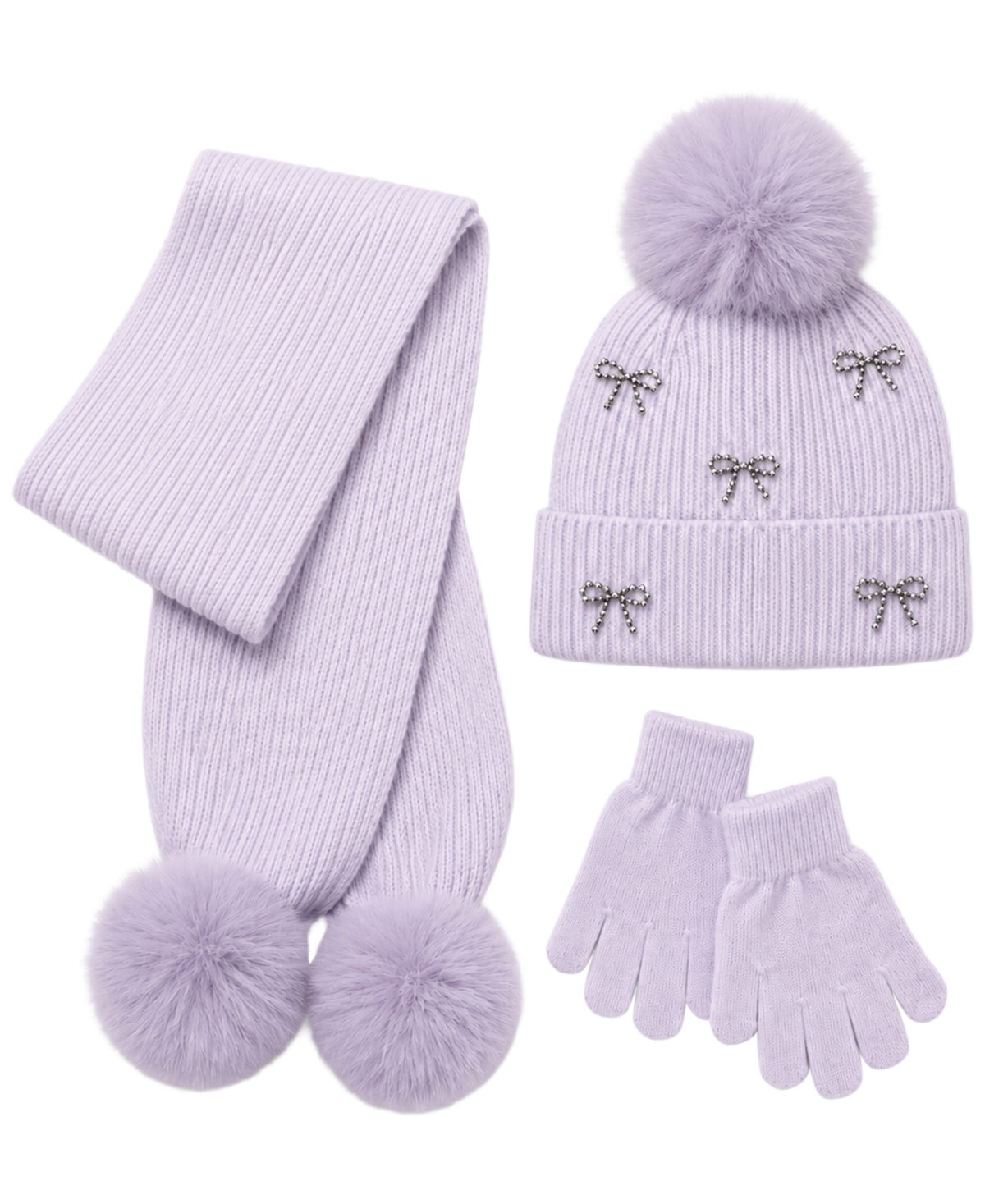 Rainbow Sugar Girls' Pom-Pom Bow Cold-Weather Hat, Scarf, and Gloves, 3-Piece Set - Purple