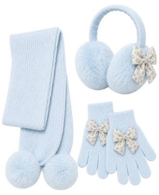 Girls' Bow Pom-Pom Earmuffs, Scarf and Gloves, 3-Piece Set