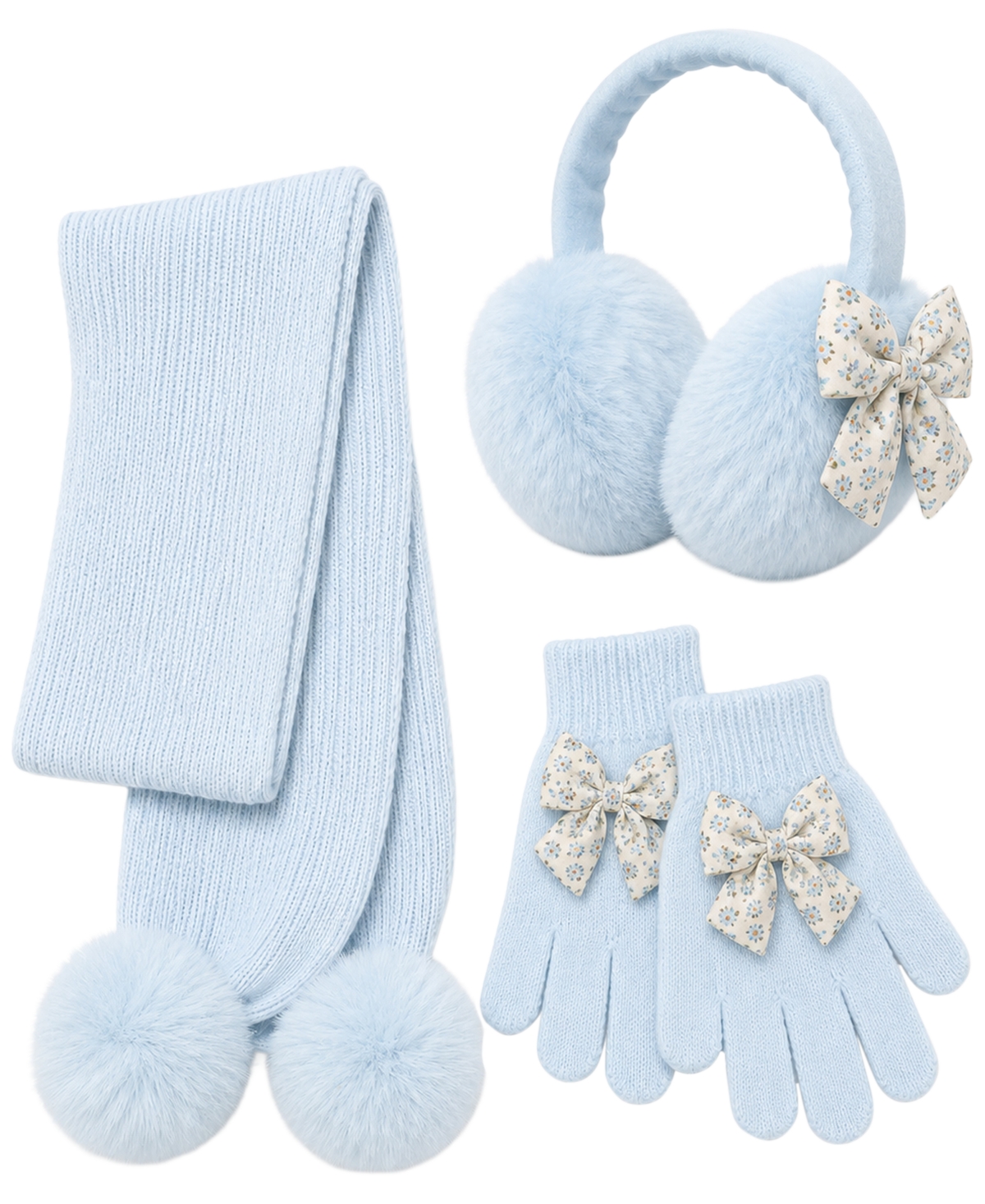 Rainbow Sugar Girls' Bow Pom-Pom Earmuffs, Scarf and Gloves, 3-Piece Set - Light Blue