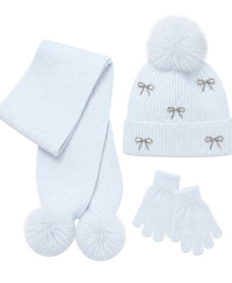 Girls' Bow Pom-Pom Ribbed Knit Beanie Hat, Scarf and Gloves, 3-Piece Set