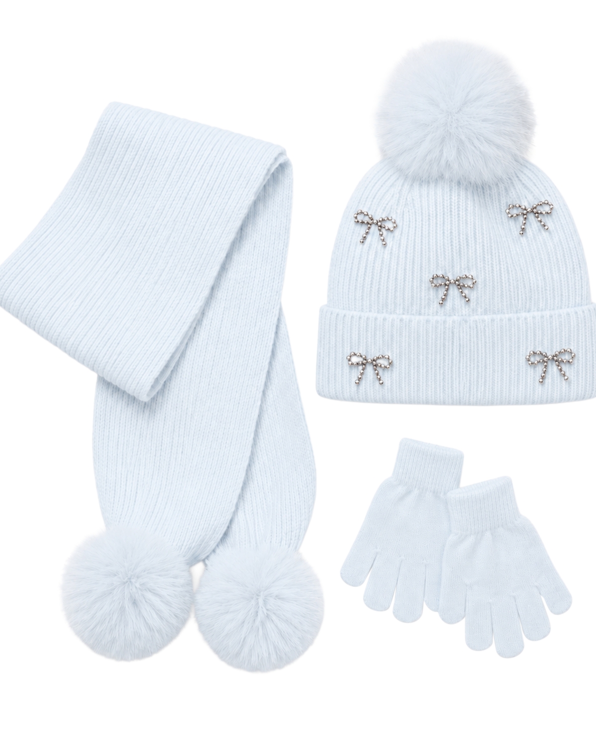 Rainbow Sugar Girls' Bow Pom-Pom Ribbed Knit Beanie Hat, Scarf and Gloves, 3-Piece Set
