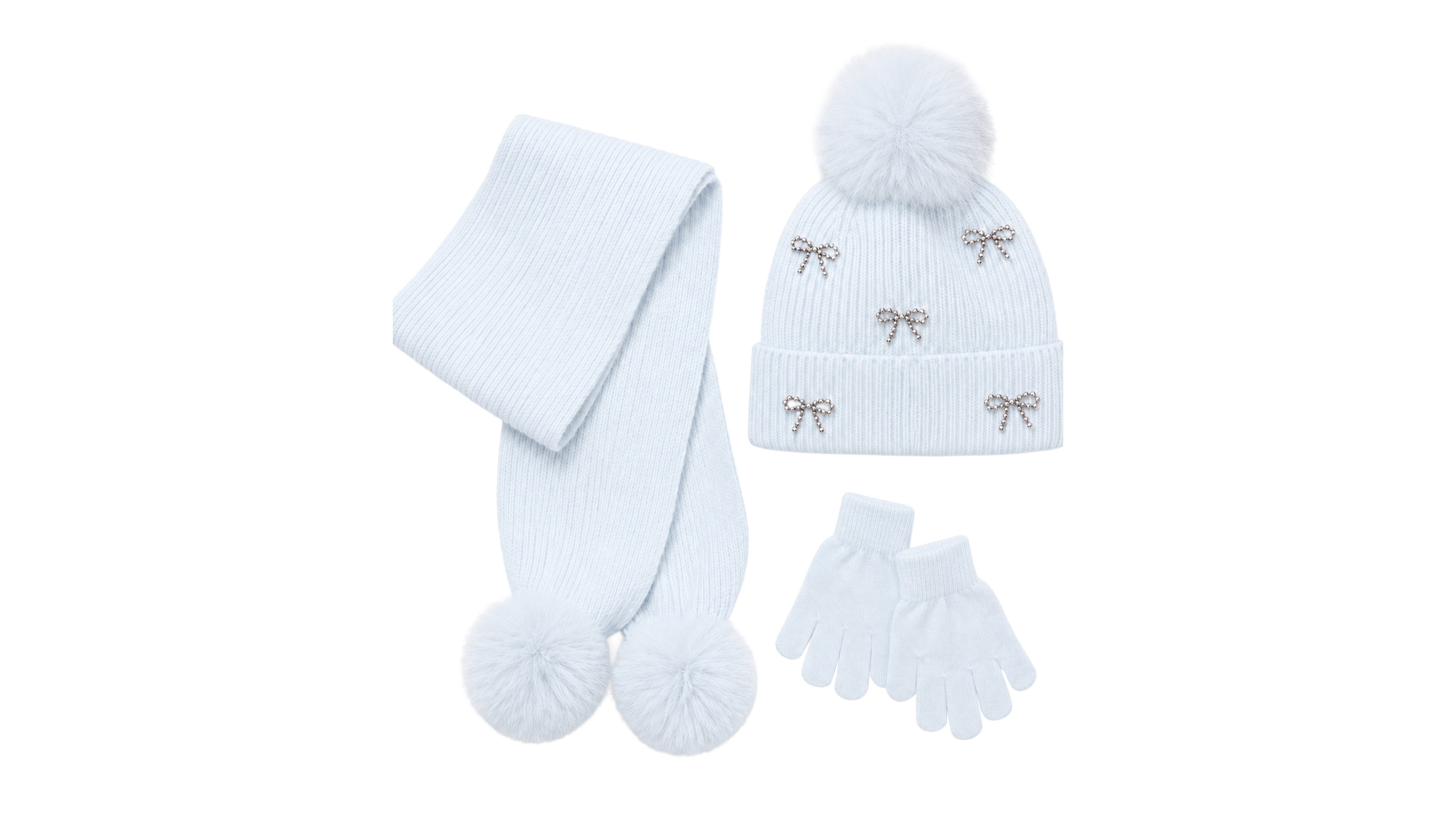 Rainbow Sugar Girls' Bow Pom-Pom Ribbed Knit Beanie Hat, Scarf and Gloves, 3-Piece Set