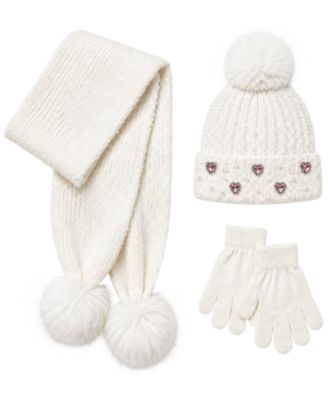 Girls' Rhinestone Pom-Pom Hat, Scarf and Gloves, 3-Piece Set
