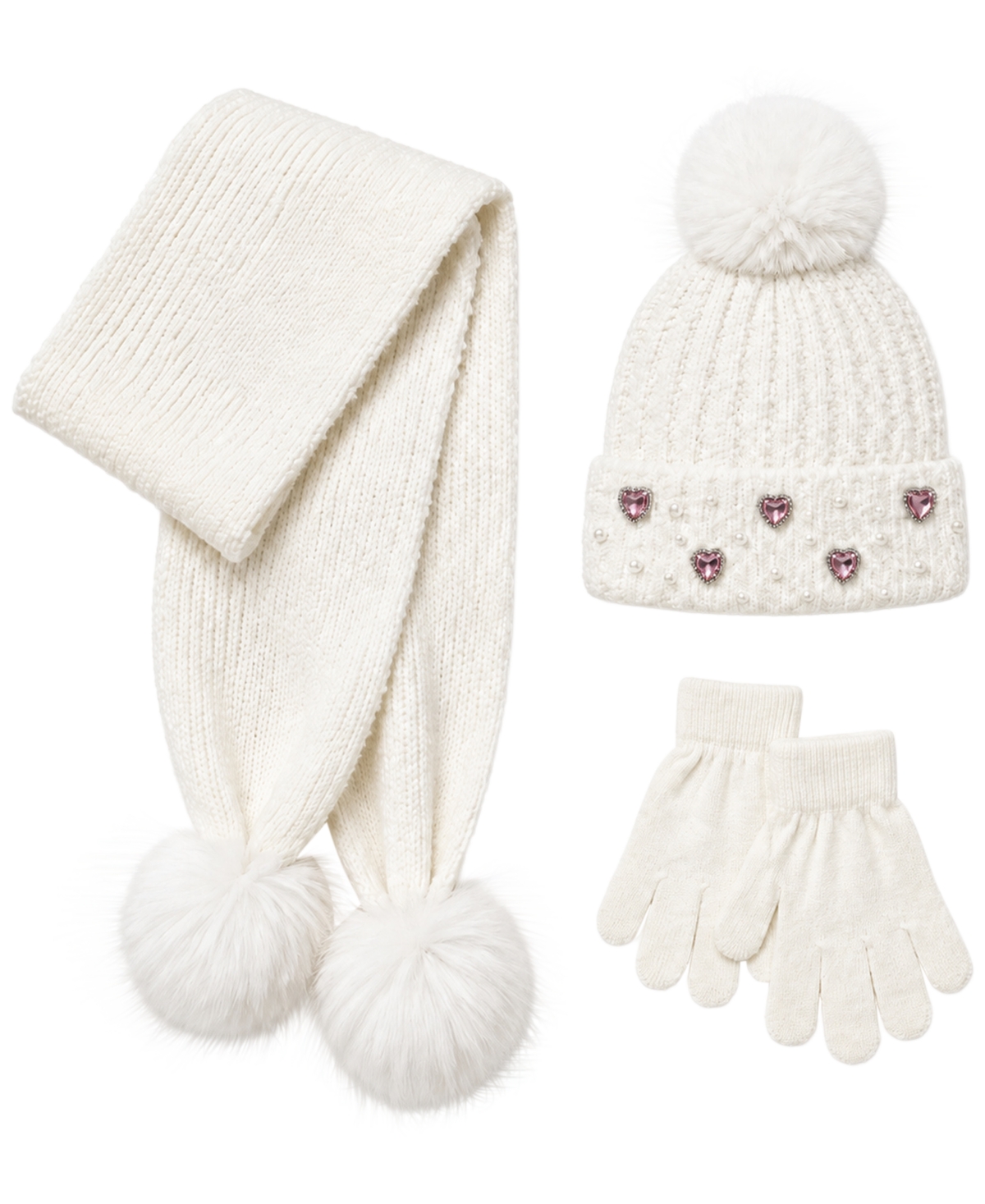 Rainbow Sugar Girls' Rhinestone Pom-Pom Hat, Scarf and Gloves, 3-Piece Set - White