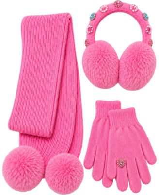 Girls' Rhinestone Pom-Pom Faux-Fur Earmuffs, Scarf and Gloves, 3-Piece Set