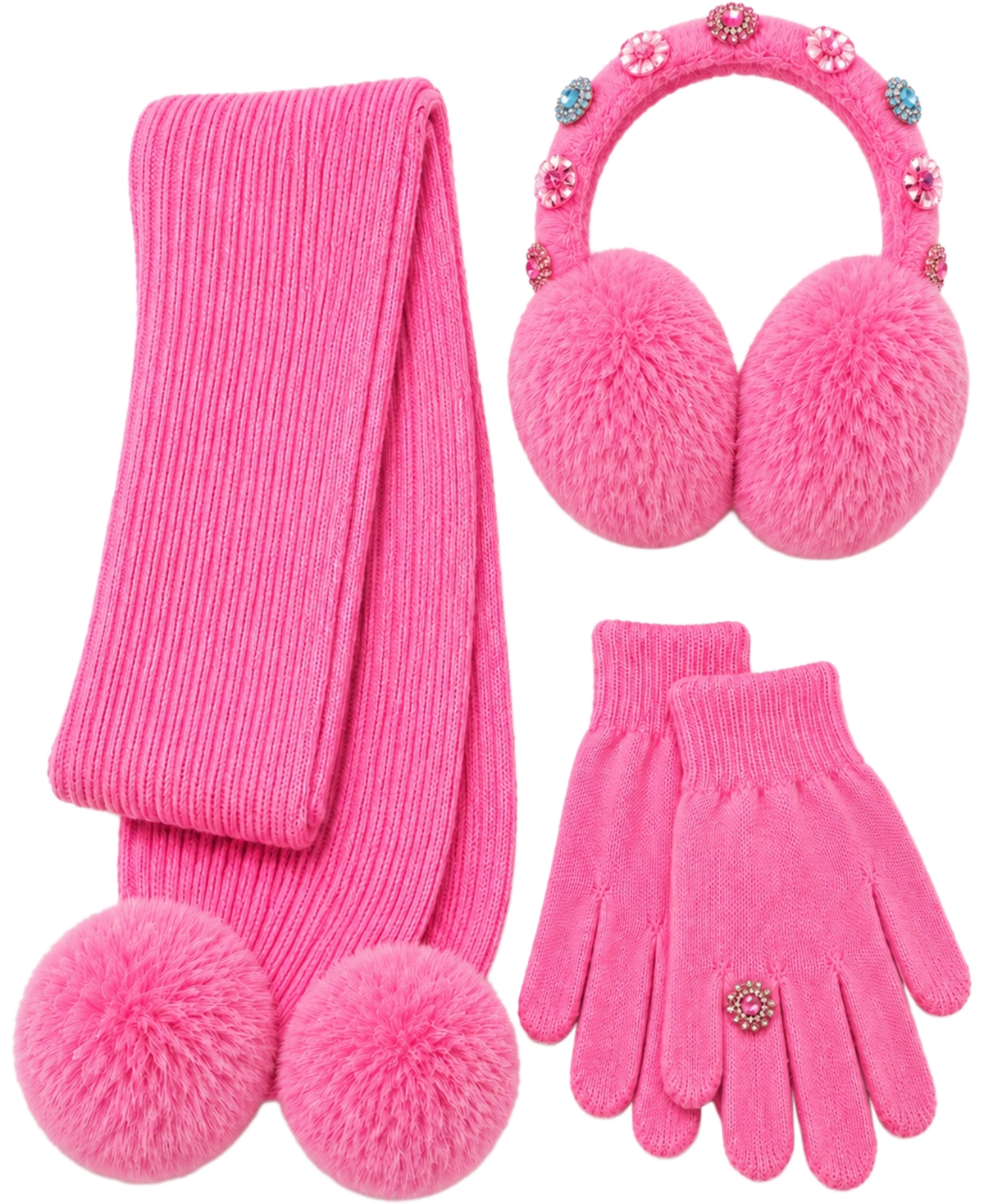 Rainbow Sugar Girls' Rhinestone Pom-Pom Faux-Fur Earmuffs, Scarf and Gloves, 3-Piece Set - Hot Pink