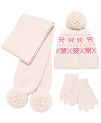 Girls' Bow and Heart Icon Pom-Pom Hat, Scarf and Gloves, 3-Piece Set