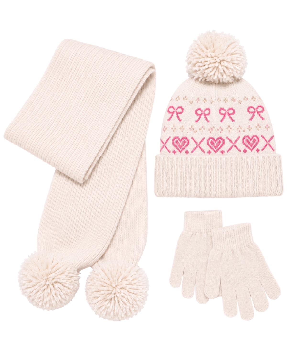 Rainbow Sugar Girls' Bow and Heart Icon Pom-Pom Hat, Scarf and Gloves, 3-Piece Set - Multi Color