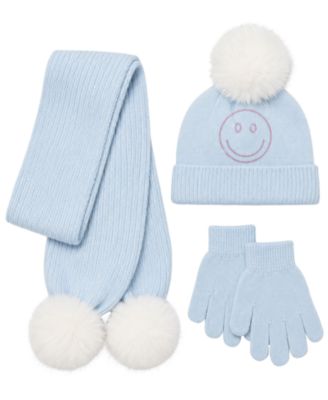 Girls' Smiley Sequin Pom-Pom Cold-Weather Hat, Scarf and Gloves, 3-Piece Set