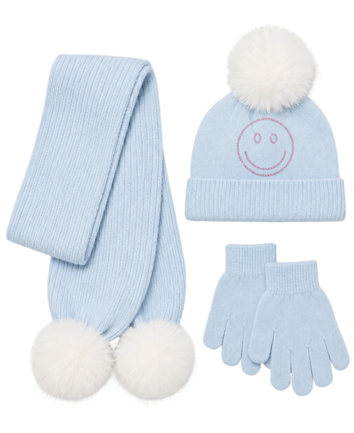 Rainbow Sugar Girls' Smiley Sequin Pom-Pom Cold-Weather Hat, Scarf and Gloves, 3-Piece Set - Light Blue