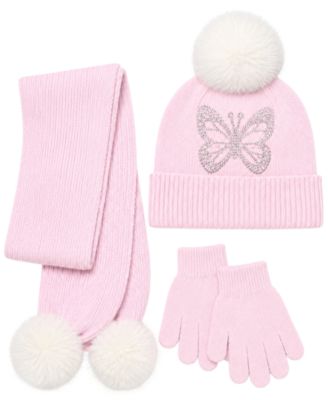 Girls' Butterfly Rhinestone Pom-Pom Hat, Scarf and Gloves, 3-Piece Set