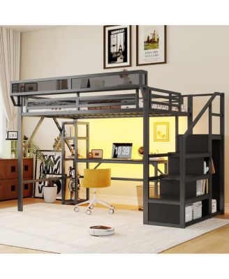 Metal Full Loft Bed with Desk, Stairs, Wardrobe and LED Light