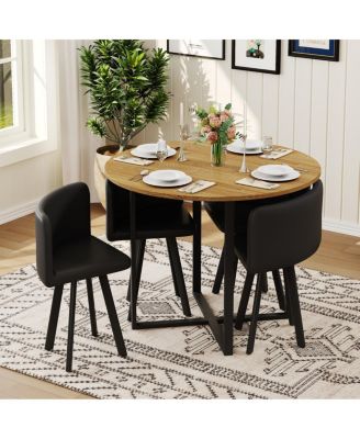  Rustic 5-Piece Round Dining Table and 4 PU Leather Chairs Set