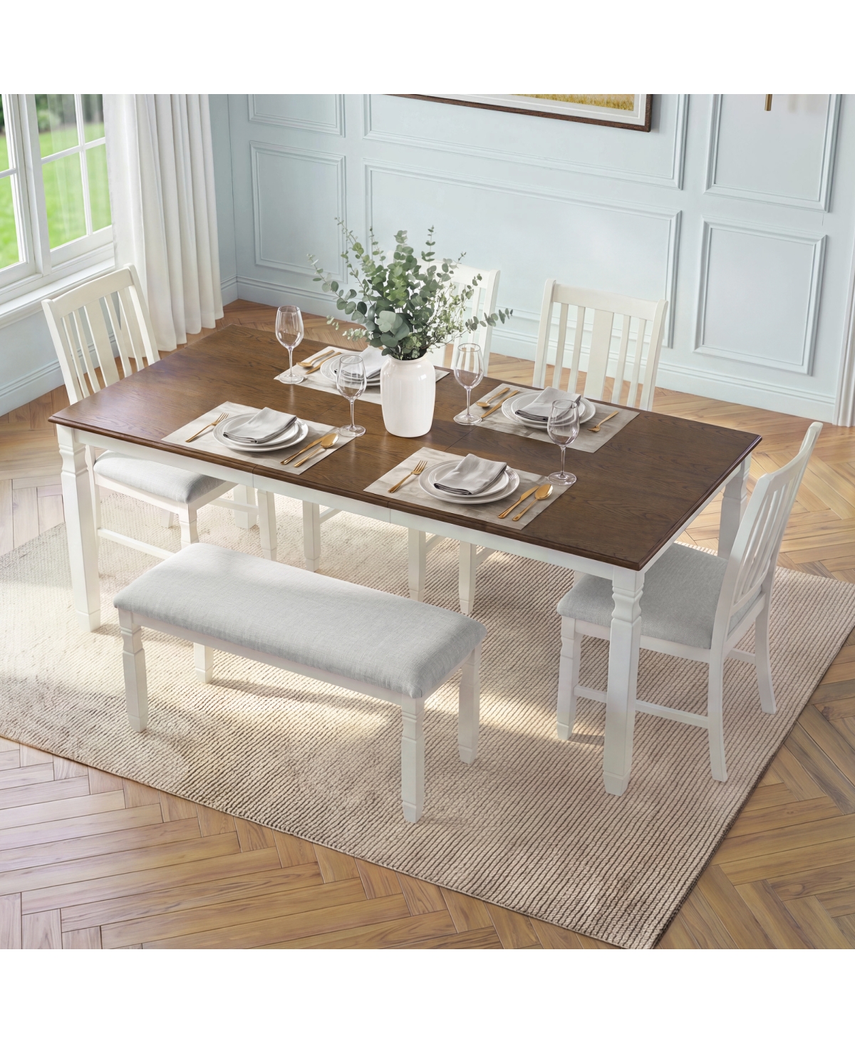 Streamdale Furniture 6-Piece Modern Farmhouse Extendable Dining Table Set with 4 Chairs and 1 Bench