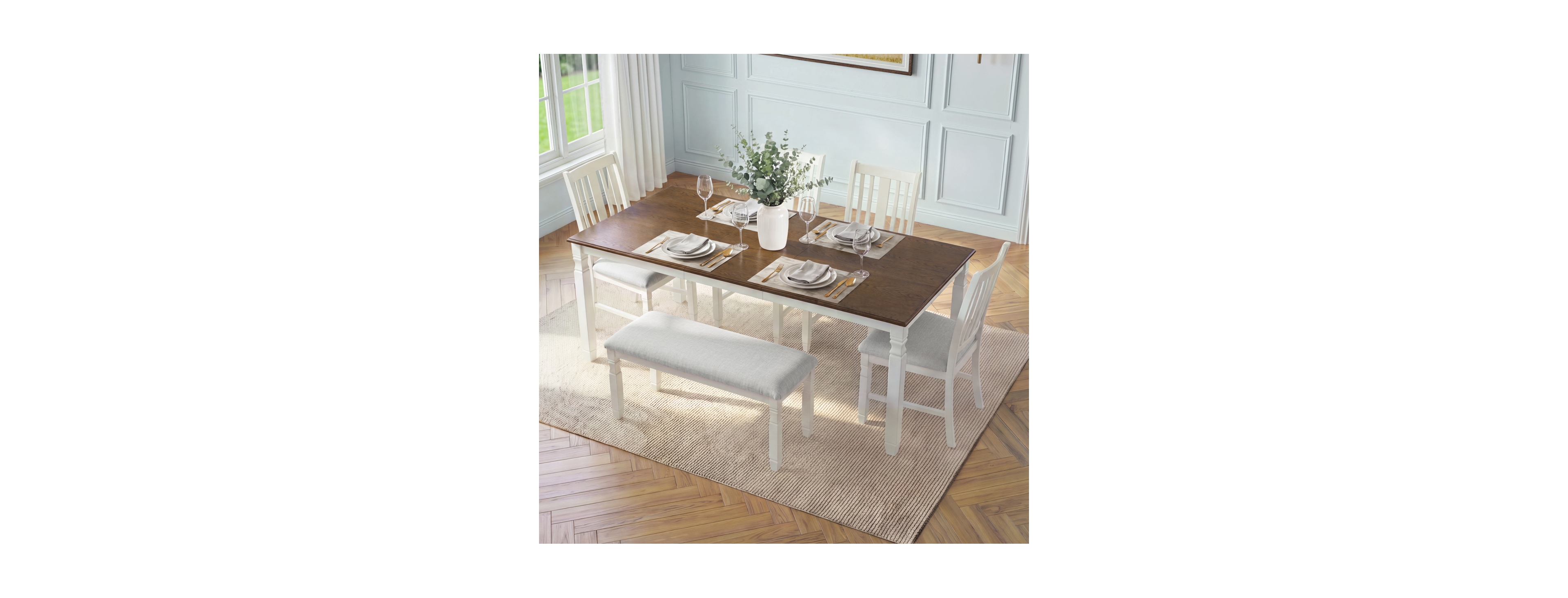 Streamdale Furniture 6-Piece Modern Farmhouse Extendable Dining Table Set with 4 Chairs and 1 Bench